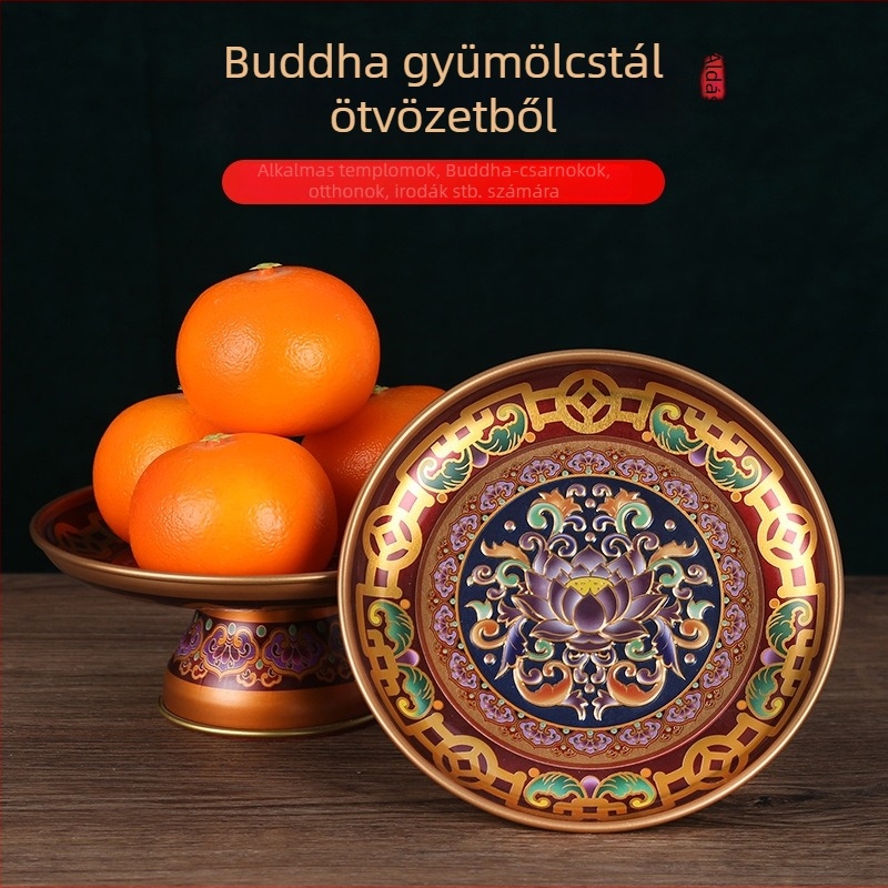 Ötvözetből készült gyümölcstál Buddha-offeringhez, lótusz motívummal, Guanyinnal és a Vagyon Istene