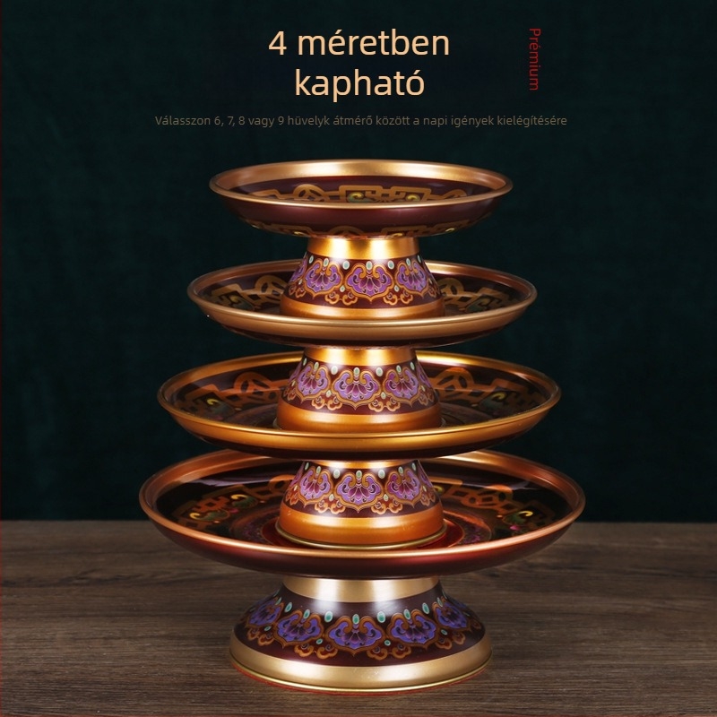 Ötvözetből készült gyümölcstál Buddha-offeringhez, lótusz motívummal, Guanyinnal és a Vagyon Istene