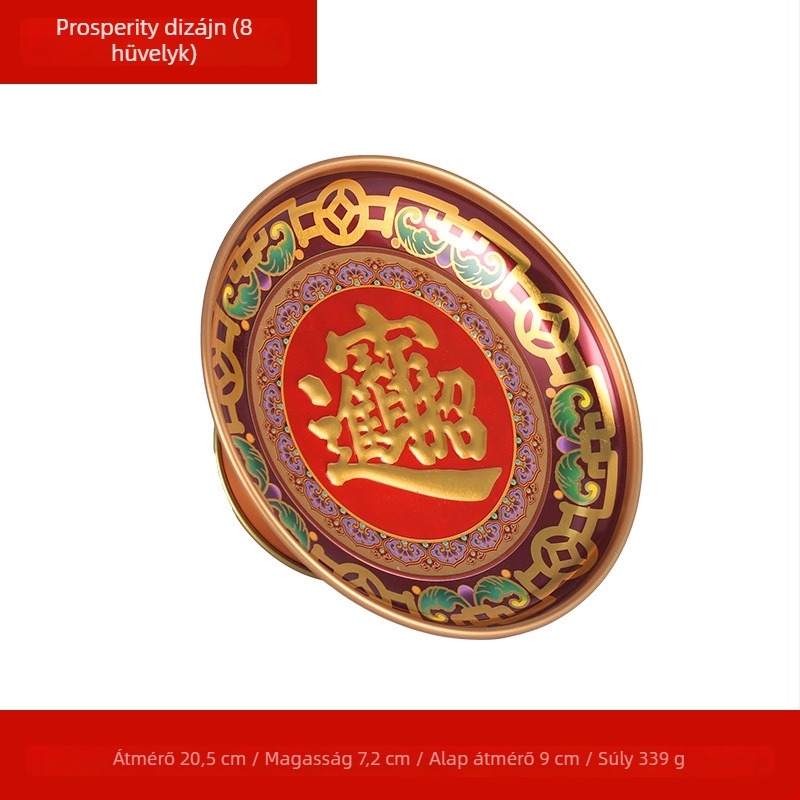 Ötvözetből készült gyümölcstál Buddha-offeringhez, lótusz motívummal, Guanyinnal és a Vagyon Istene