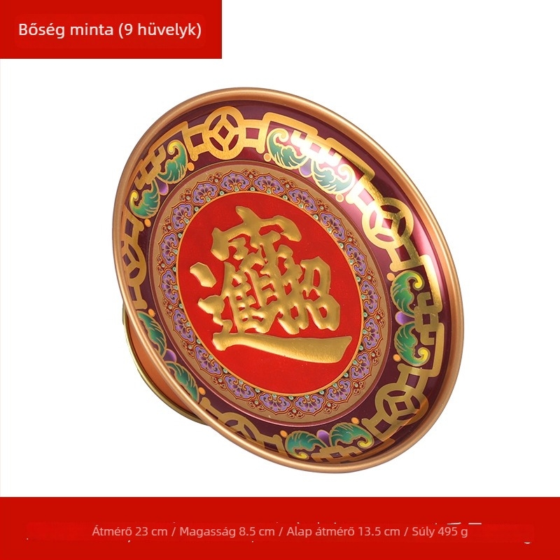 Ötvözetből készült gyümölcstál Buddha-offeringhez, lótusz motívummal, Guanyinnal és a Vagyon Istene