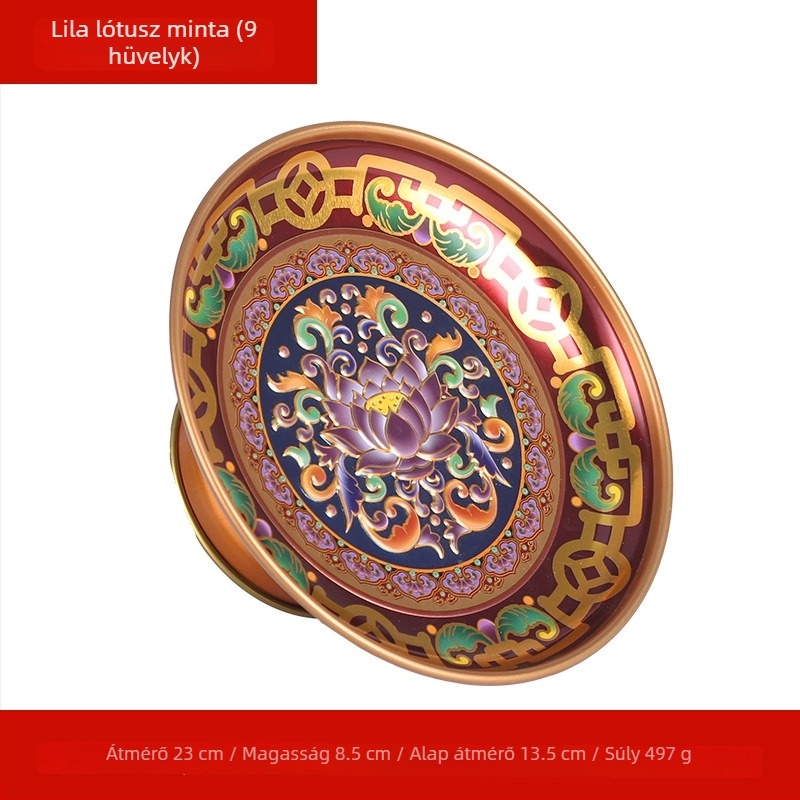 Ötvözetből készült gyümölcstál Buddha-offeringhez, lótusz motívummal, Guanyinnal és a Vagyon Istene