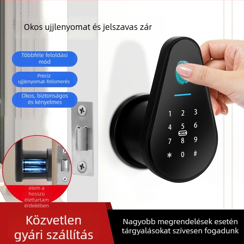 Okos zár lakásajtókhoz, háromcsapos gömb alakú ujjlenyomat-érzékelővel és jelszavas záródással