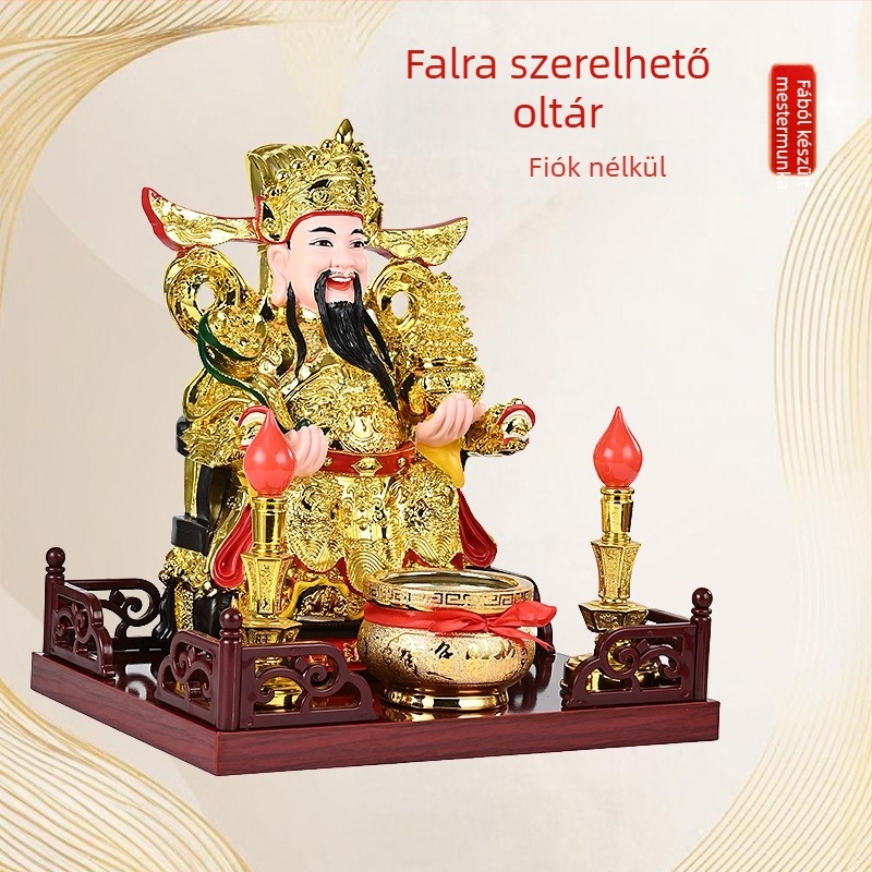 Falra szerelhető otthoni oltár a Pénzisten és Guan Gong szobrával