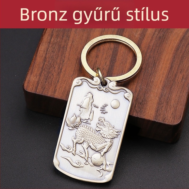 Taoista medál: hal ugrik át a sárkánykapun és qilin motívum, bronz lemez medál kulcstartóhoz
