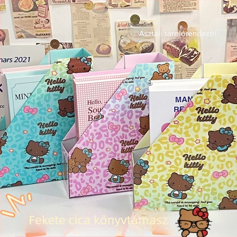 Fekete bőrből készült cicás karikatúra könyvállvány, asztali rendező és irattartó