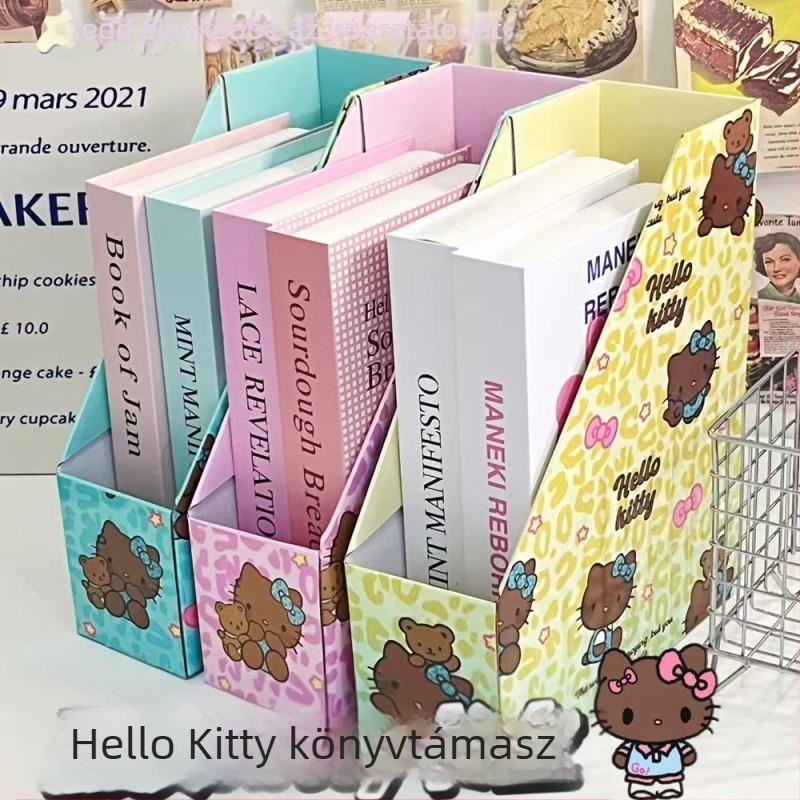 Fekete bőrből készült cicás karikatúra könyvállvány, asztali rendező és irattartó
