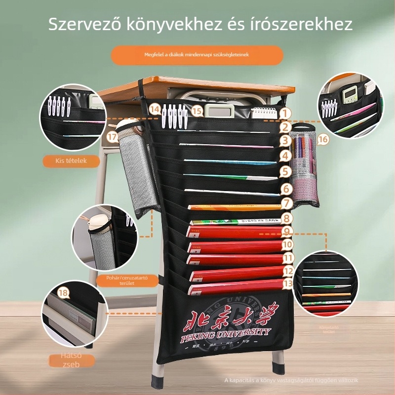Tanulók számára tervezett, szennyeződésálló és vízálló könyvtáska, íróasztal-rendező, függő tároló és könyvállvány
