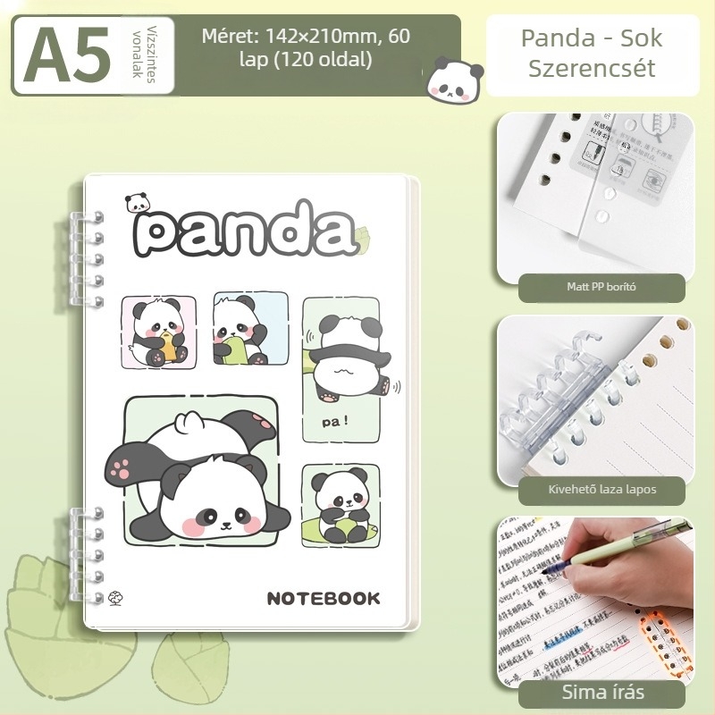 Levéllel leválasztható notesz panda dizájnnal, elegáns és tartós, matt PP borító, napló, A5-ös méret, 60 lap