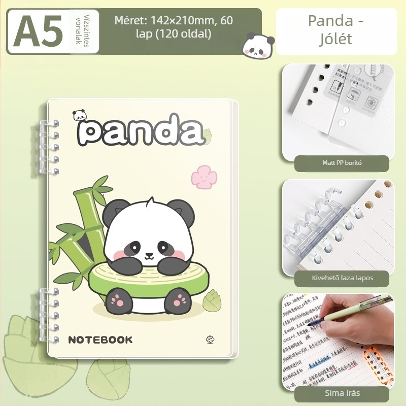 Levéllel leválasztható notesz panda dizájnnal, elegáns és tartós, matt PP borító, napló, A5-ös méret, 60 lap