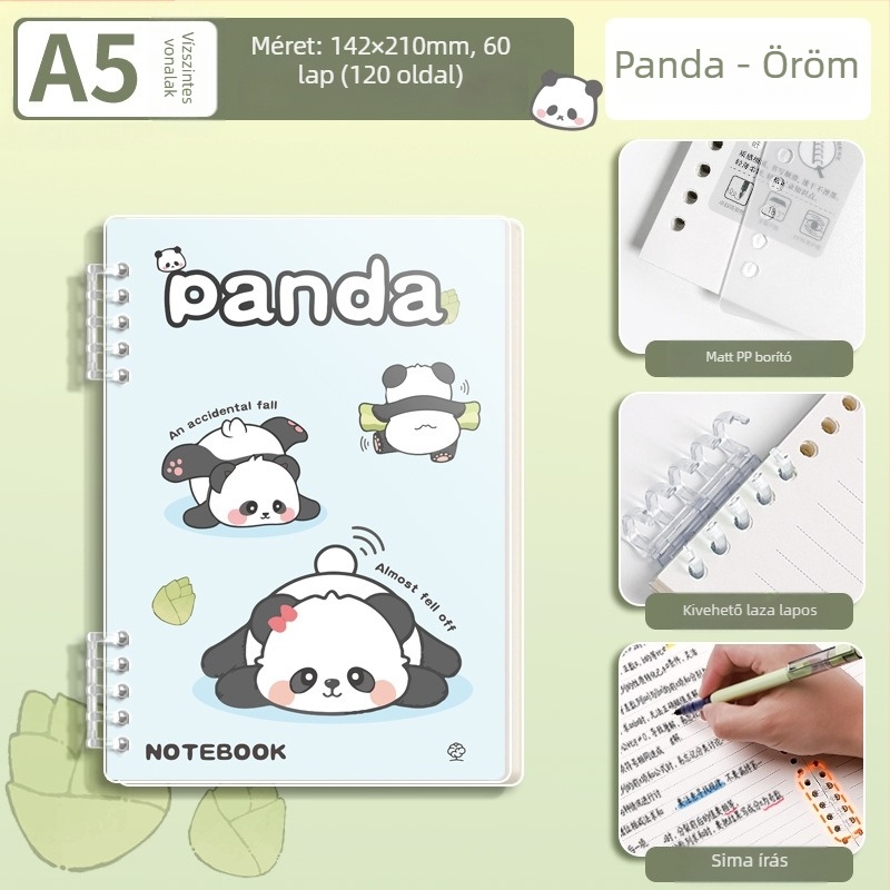 Levéllel leválasztható notesz panda dizájnnal, elegáns és tartós, matt PP borító, napló, A5-ös méret, 60 lap