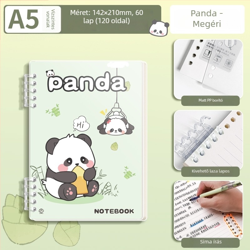 Levéllel leválasztható notesz panda dizájnnal, elegáns és tartós, matt PP borító, napló, A5-ös méret, 60 lap
