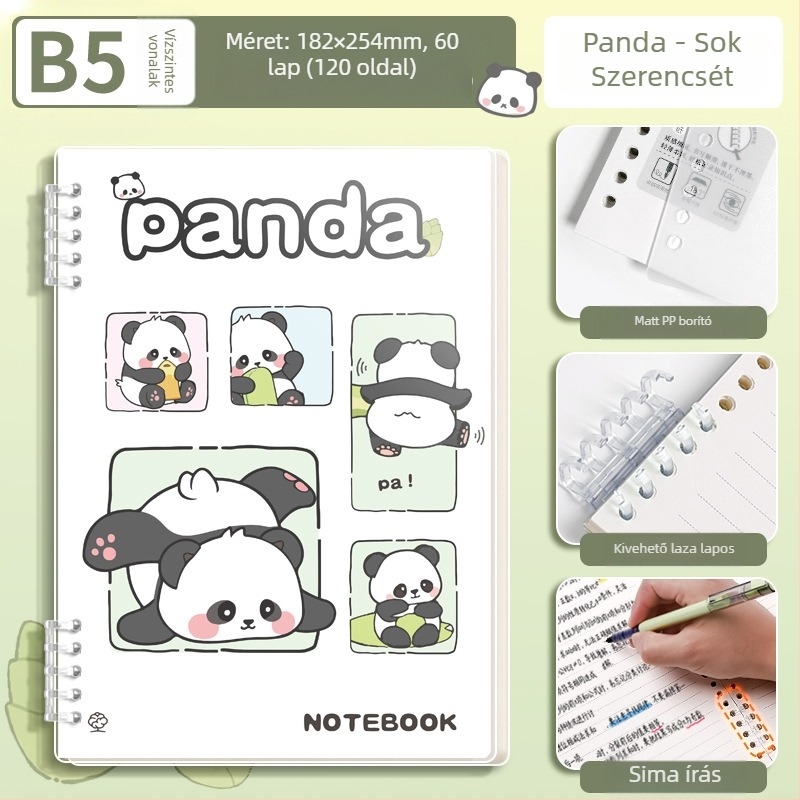 Levéllel leválasztható notesz panda dizájnnal, elegáns és tartós, matt PP borító, napló, A5-ös méret, 60 lap