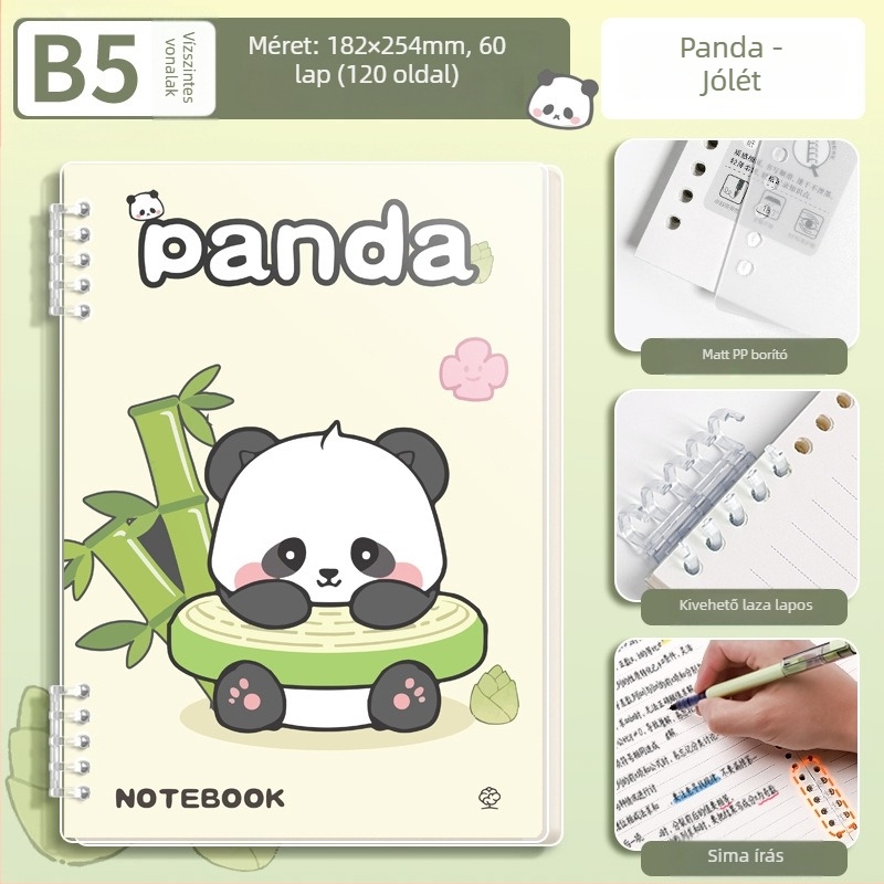 Levéllel leválasztható notesz panda dizájnnal, elegáns és tartós, matt PP borító, napló, A5-ös méret, 60 lap