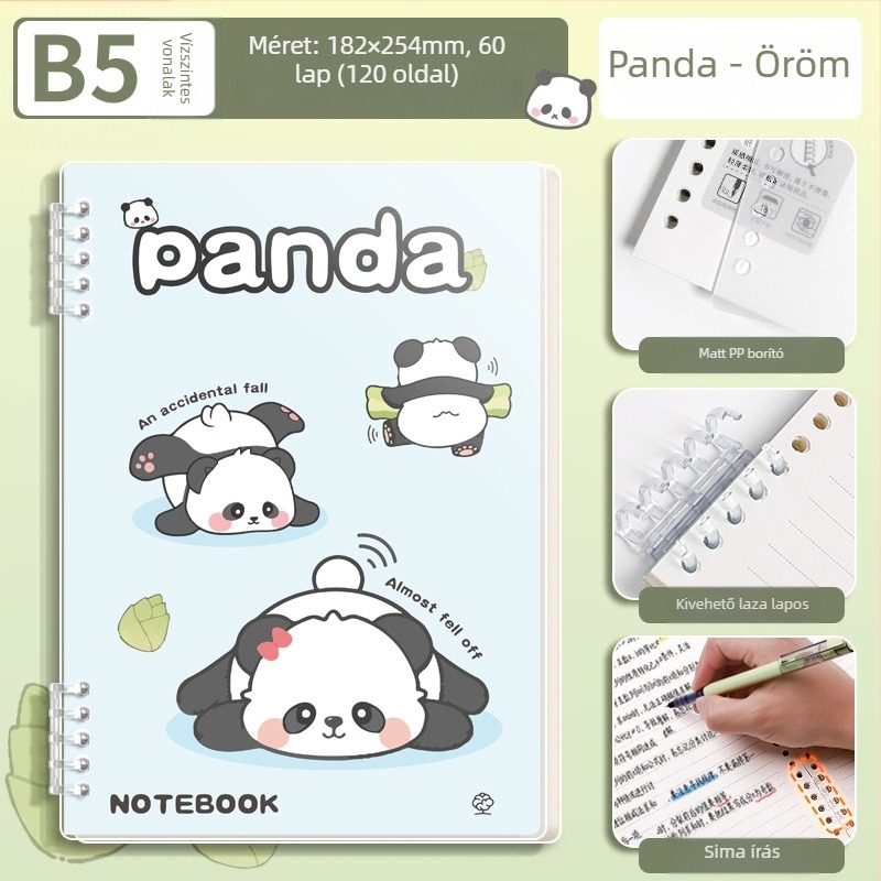Levéllel leválasztható notesz panda dizájnnal, elegáns és tartós, matt PP borító, napló, A5-ös méret, 60 lap