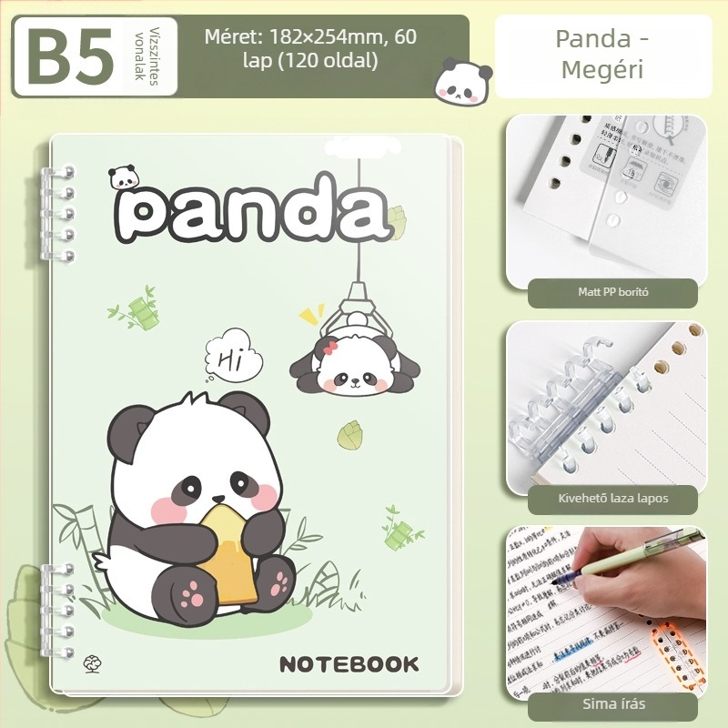 Levéllel leválasztható notesz panda dizájnnal, elegáns és tartós, matt PP borító, napló, A5-ös méret, 60 lap