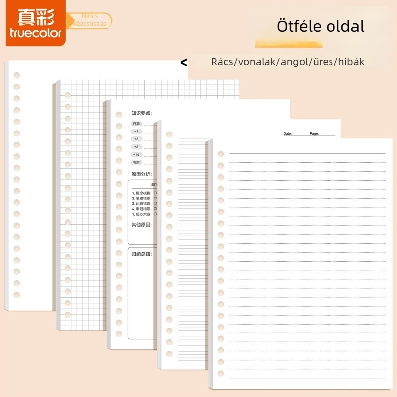 True Color B5 cserélhető noteszrefill A5-ös méretű, vonalas, üres és rácsos oldalakkal angol nyelv gyakorlásához
