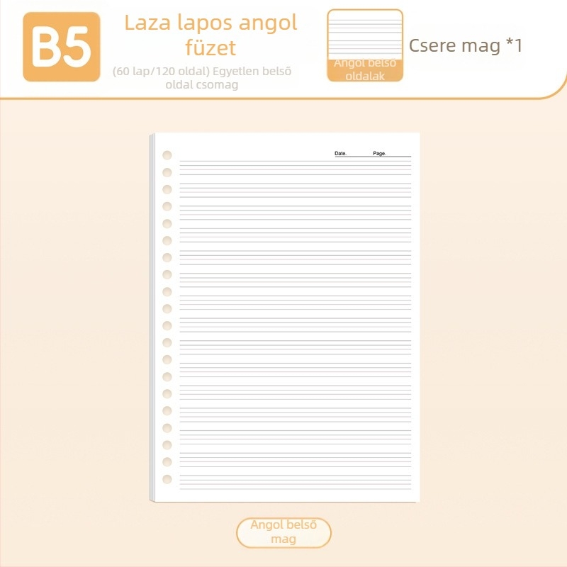 True Color B5 cserélhető noteszrefill A5-ös méretű, vonalas, üres és rácsos oldalakkal angol nyelv gyakorlásához
