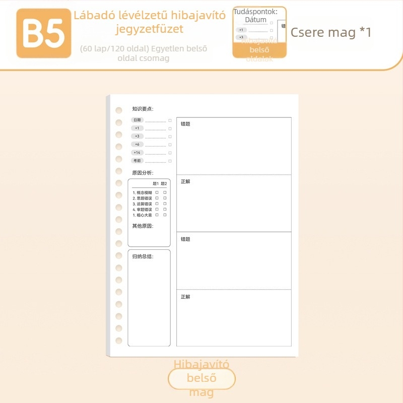 True Color B5 cserélhető noteszrefill A5-ös méretű, vonalas, üres és rácsos oldalakkal angol nyelv gyakorlásához
