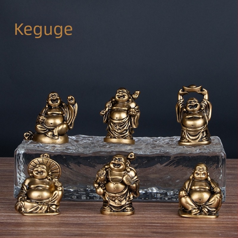 Hat mosolygó Buddha szobor készlet, imitációs réz felülettel – Maitreya Buddha, Zen dekor a nappaliba és az előszobába