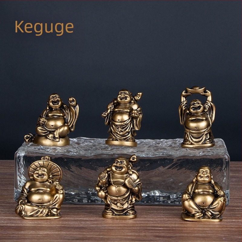 Hat mosolygó Buddha szobor készlet, imitációs réz felülettel – Maitreya Buddha, Zen dekor a nappaliba és az előszobába
