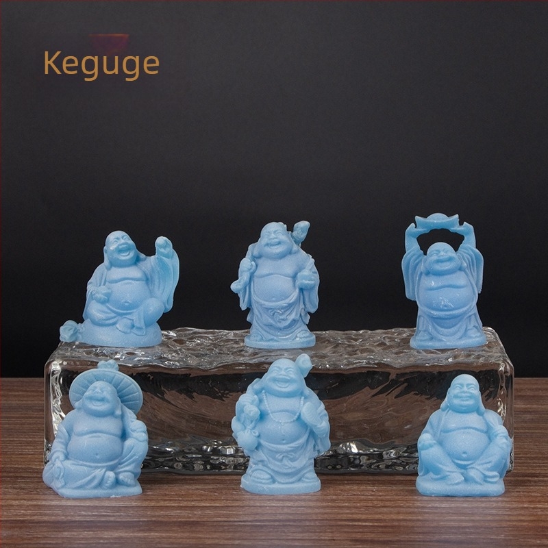 Hat mosolygó Buddha szobor készlet, imitációs réz felülettel – Maitreya Buddha, Zen dekor a nappaliba és az előszobába