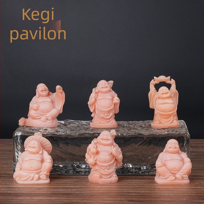 Hat mosolygó Buddha szobor készlet, imitációs réz felülettel – Maitreya Buddha, Zen dekor a nappaliba és az előszobába