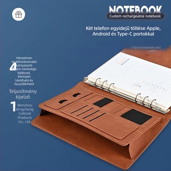 A5-ös notesz cserélhető lapokkal és vezeték nélküli töltéssel, 8000 mAh kapacitás, üzleti ajándék