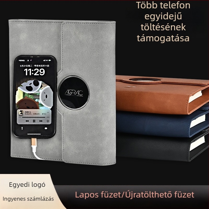 A5-ös notesz cserélhető lapokkal és vezeték nélküli töltéssel, 8000 mAh kapacitás, üzleti ajándék