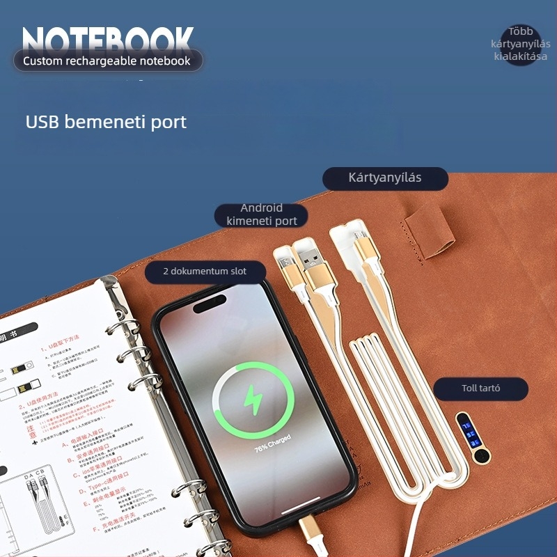 A5-ös notesz cserélhető lapokkal és vezeték nélküli töltéssel, 8000 mAh kapacitás, üzleti ajándék