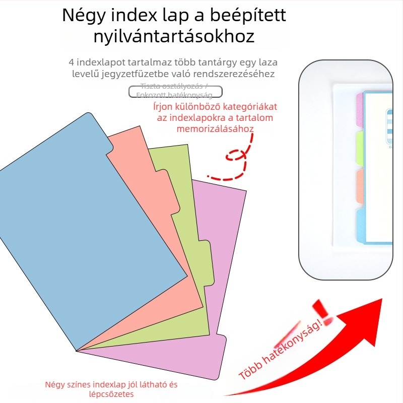 Levehető betétekkel és indexoldalakkal rendelkező diákok számára nagy kapacitású notesz (A5, 60 lap)
