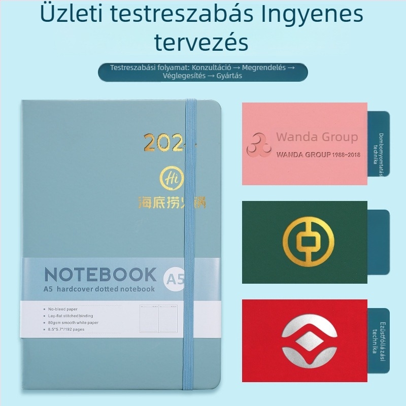 A5-ös méretű notesz pánttal, 100 oldal, Dowling-papír 80 g/m², egyszerű irodai tervező