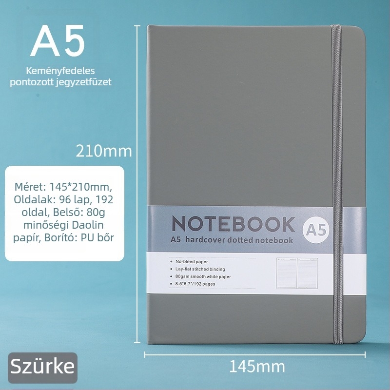 A5-ös méretű notesz pánttal, 100 oldal, Dowling-papír 80 g/m², egyszerű irodai tervező