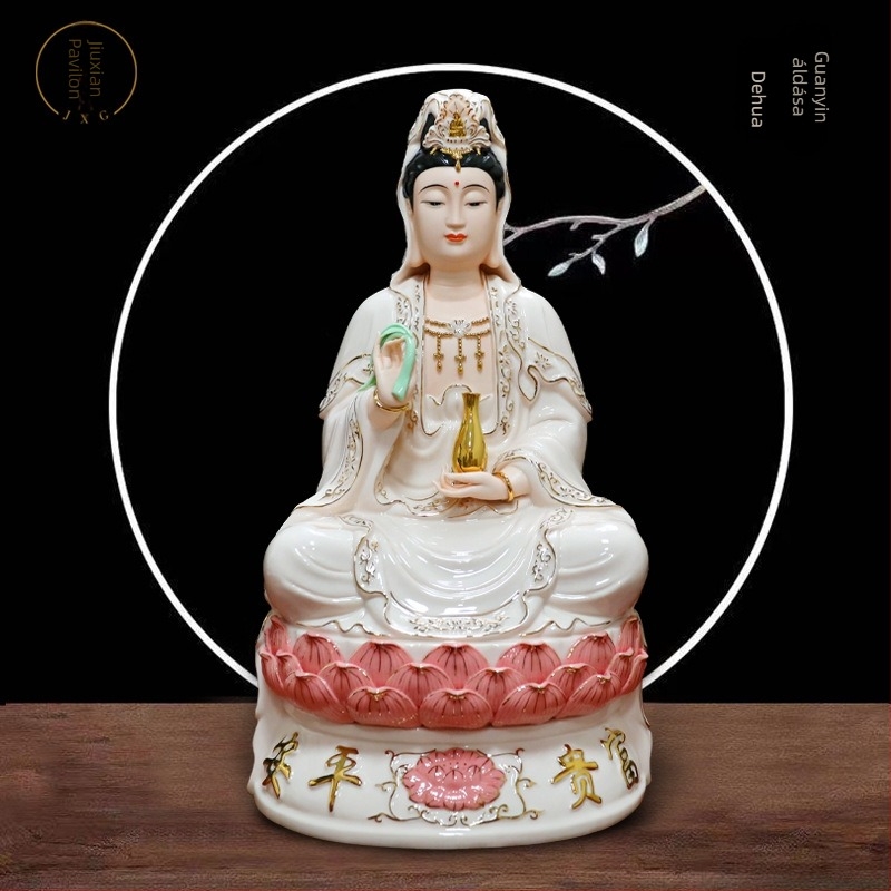 Guanyin Bodhisattva szobor, nagy ülő lotus pózban, porcelán, otthoni dekoráció, fehér porcelán, kézzel készített