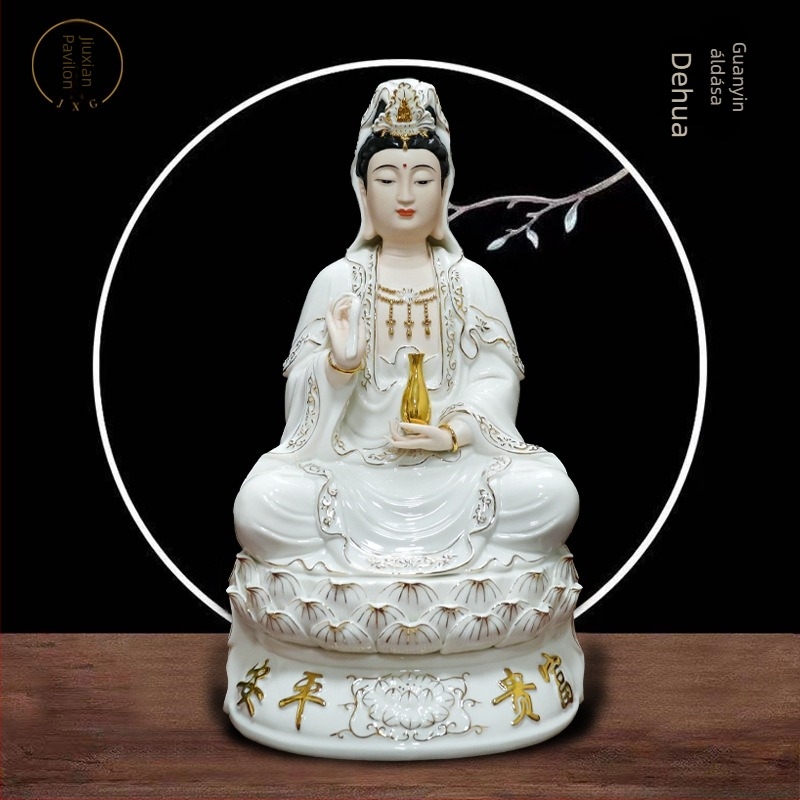 Guanyin Bodhisattva szobor, nagy ülő lotus pózban, porcelán, otthoni dekoráció, fehér porcelán, kézzel készített