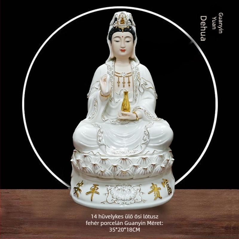 Guanyin Bodhisattva szobor, nagy ülő lotus pózban, porcelán, otthoni dekoráció, fehér porcelán, kézzel készített