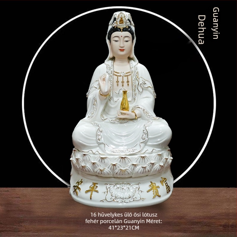 Guanyin Bodhisattva szobor, nagy ülő lotus pózban, porcelán, otthoni dekoráció, fehér porcelán, kézzel készített