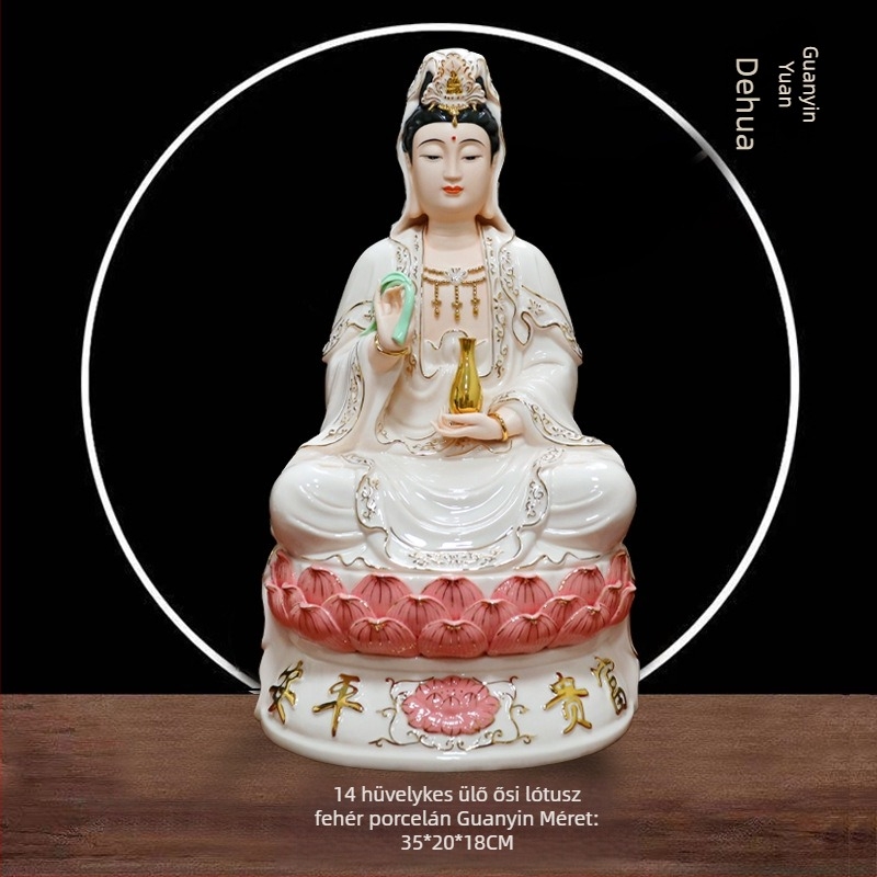 Guanyin Bodhisattva szobor, nagy ülő lotus pózban, porcelán, otthoni dekoráció, fehér porcelán, kézzel készített