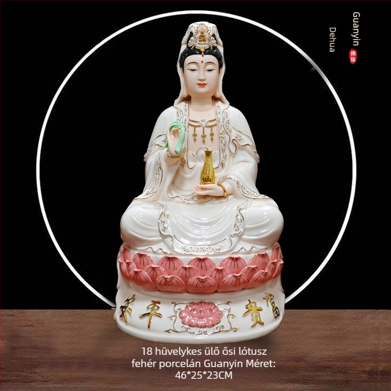 Guanyin Bodhisattva szobor, nagy ülő lotus pózban, porcelán, otthoni dekoráció, fehér porcelán, kézzel készített