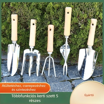 Öt darabos kerti szerszámkészlet fa nyéllel, rozsdamentes acélból: ásó, lazítóvilla, háromfogú gereblye