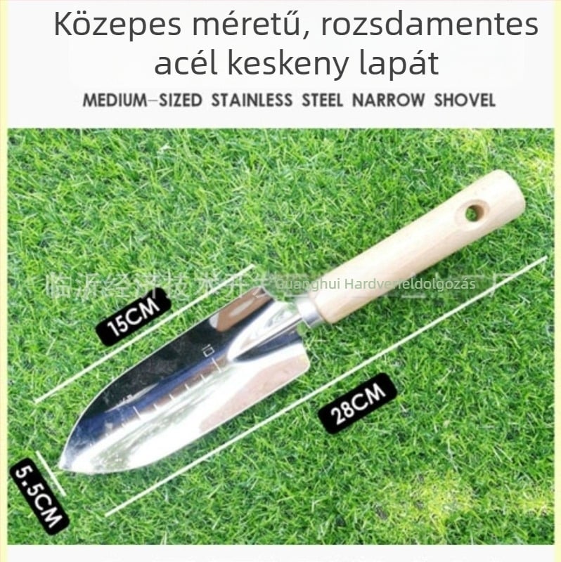 Öt darabos kerti szerszámkészlet fa nyéllel, rozsdamentes acélból: ásó, lazítóvilla, háromfogú gereblye