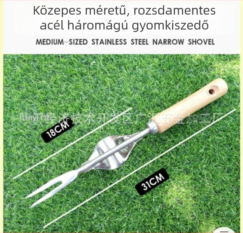 Öt darabos kerti szerszámkészlet fa nyéllel, rozsdamentes acélból: ásó, lazítóvilla, háromfogú gereblye