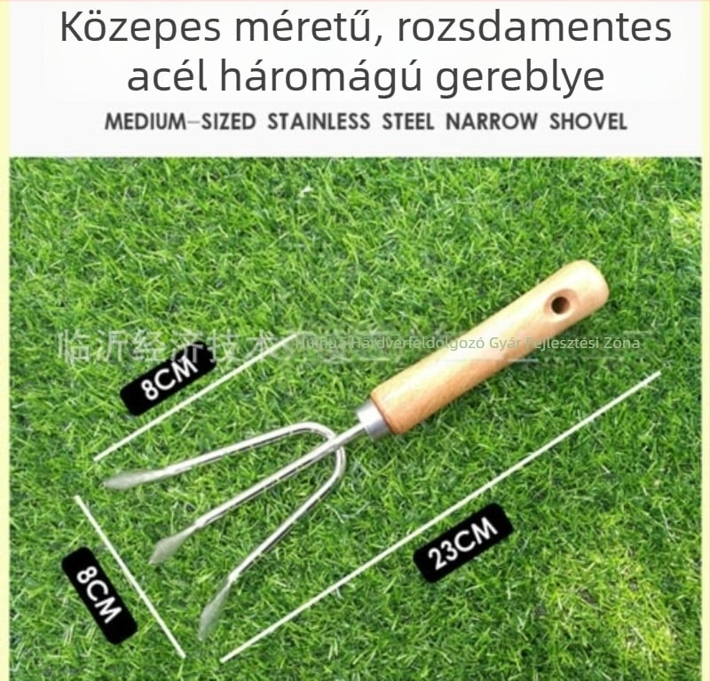 Öt darabos kerti szerszámkészlet fa nyéllel, rozsdamentes acélból: ásó, lazítóvilla, háromfogú gereblye