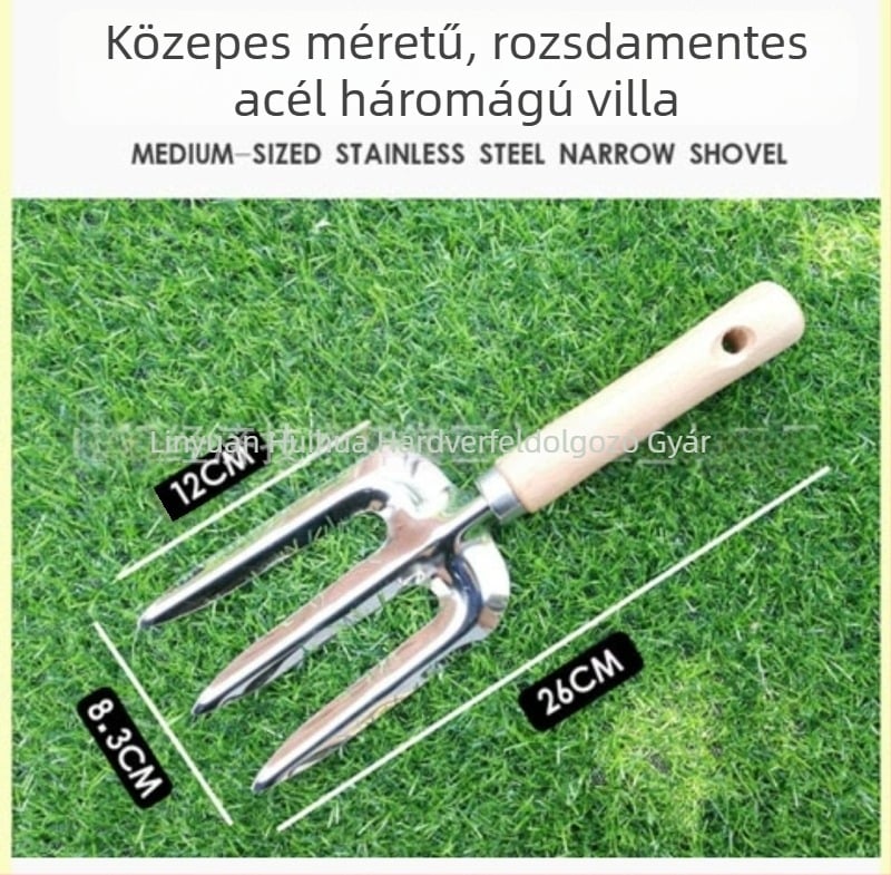 Öt darabos kerti szerszámkészlet fa nyéllel, rozsdamentes acélból: ásó, lazítóvilla, háromfogú gereblye