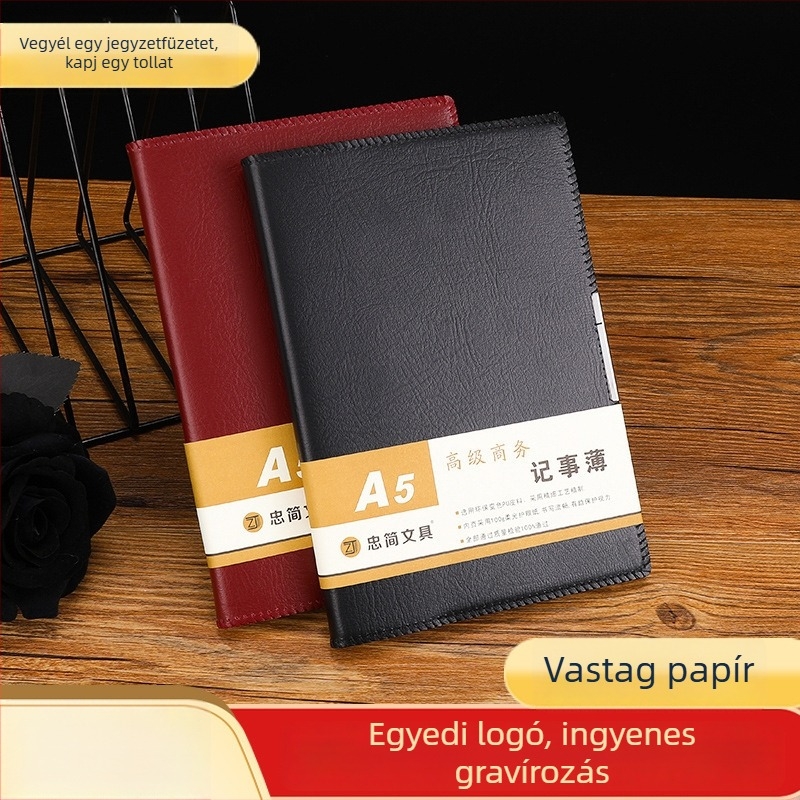 A5-ös notesz ajándékdobozban egyedi logóval – egyszerű üzleti notesz, B5 értekezlet jegyzetfüzet, drótkötéses, műbőr fedél, bézs papír, 100–200 oldal