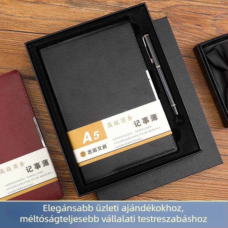 A5-ös notesz ajándékdobozban egyedi logóval – egyszerű üzleti notesz, B5 értekezlet jegyzetfüzet, drótkötéses, műbőr fedél, bézs papír, 100–200 oldal