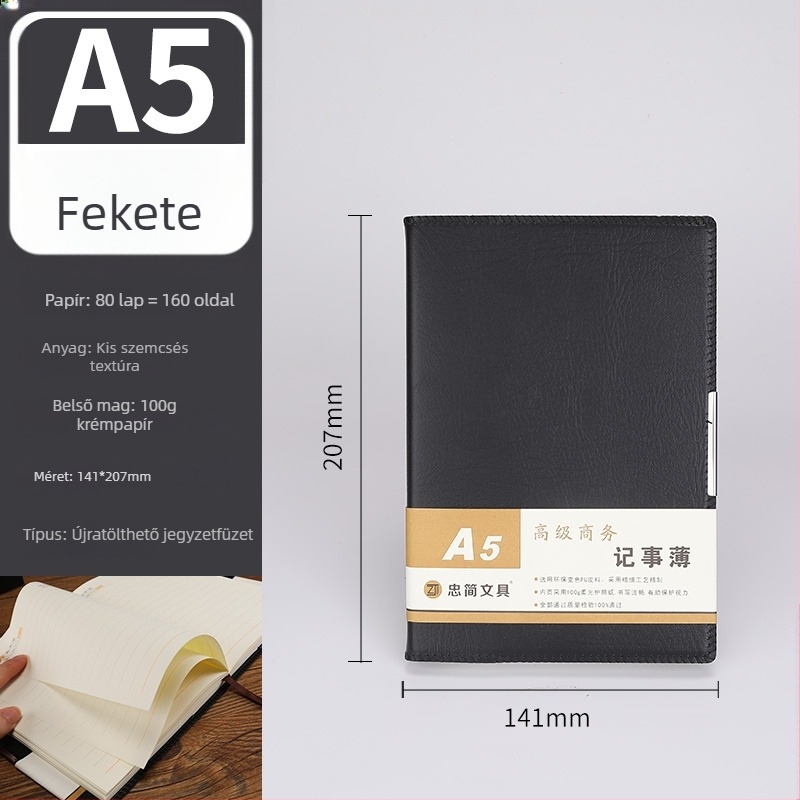 A5-ös notesz ajándékdobozban egyedi logóval – egyszerű üzleti notesz, B5 értekezlet jegyzetfüzet, drótkötéses, műbőr fedél, bézs papír, 100–200 oldal