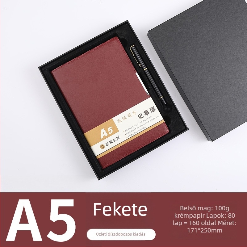 A5-ös notesz ajándékdobozban egyedi logóval – egyszerű üzleti notesz, B5 értekezlet jegyzetfüzet, drótkötéses, műbőr fedél, bézs papír, 100–200 oldal