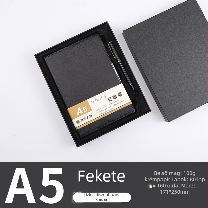 A5-ös notesz ajándékdobozban egyedi logóval – egyszerű üzleti notesz, B5 értekezlet jegyzetfüzet, drótkötéses, műbőr fedél, bézs papír, 100–200 oldal