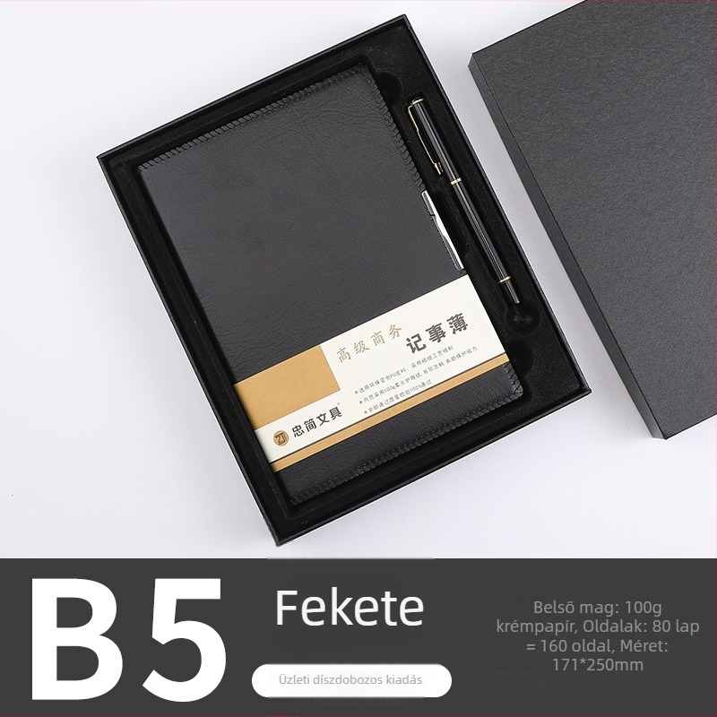 A5-ös notesz ajándékdobozban egyedi logóval – egyszerű üzleti notesz, B5 értekezlet jegyzetfüzet, drótkötéses, műbőr fedél, bézs papír, 100–200 oldal