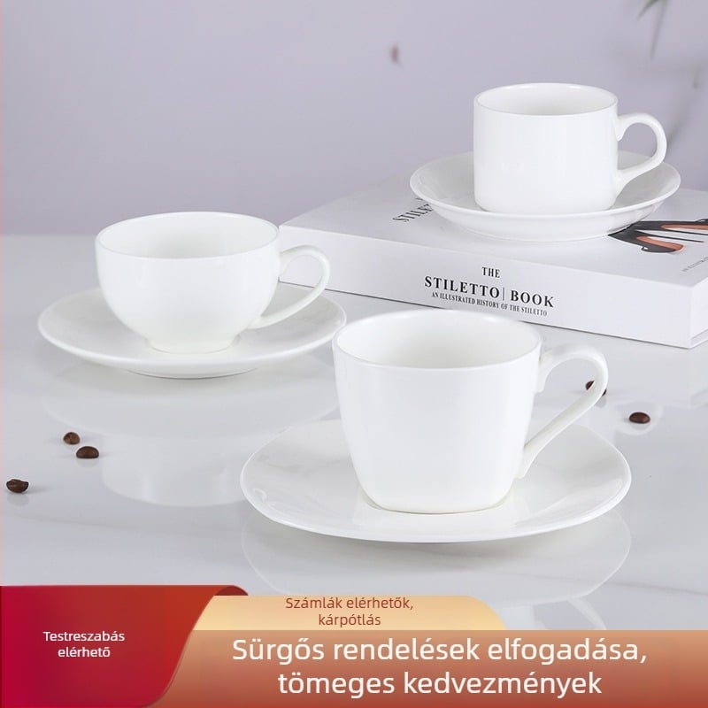 Bone china kávéscsésze és alátét készlet, fehér, irodai és otthoni használatra